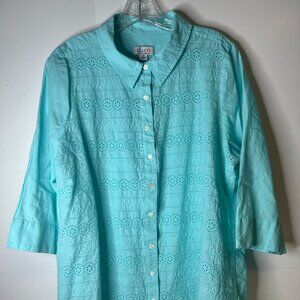 Denim & Co. Women's Size 1X Lightweight Turquoise Eyelet Cotton Shirt Top
